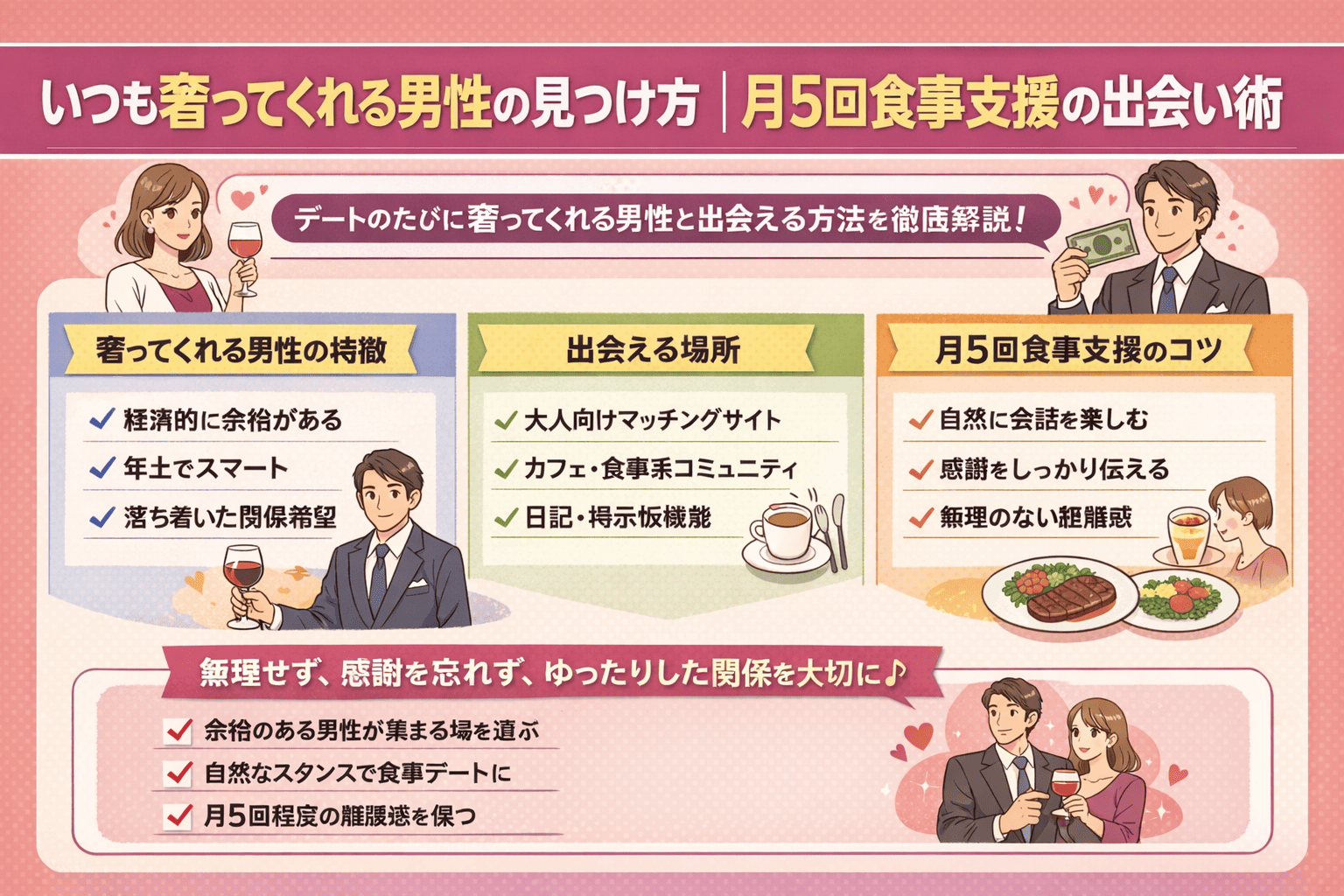 いつも奢ってくれる男性の見つけ方|月5回食事支援の出会い術